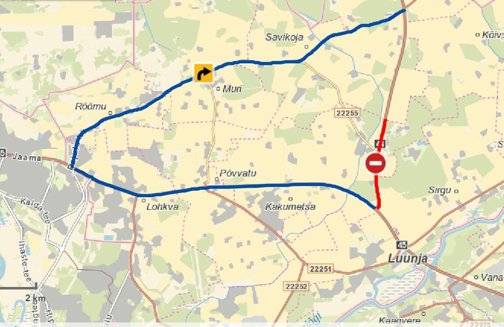Kaart Luunja valla piirkonnast, millel on kujutatud 25. veebruaril kell 19–23 osaliselt suletav riigitee nr 44 lõik Sirgu ja Kakumetsa küla juures (märgitud punasega) ning tähistatud ümbersõidutee riigitee nr 22253 kaudu (märgitud sinise joonega) seoses 2. jalaväebrigaadi lahinguvalmidusõppusega Sentry Sentinel.